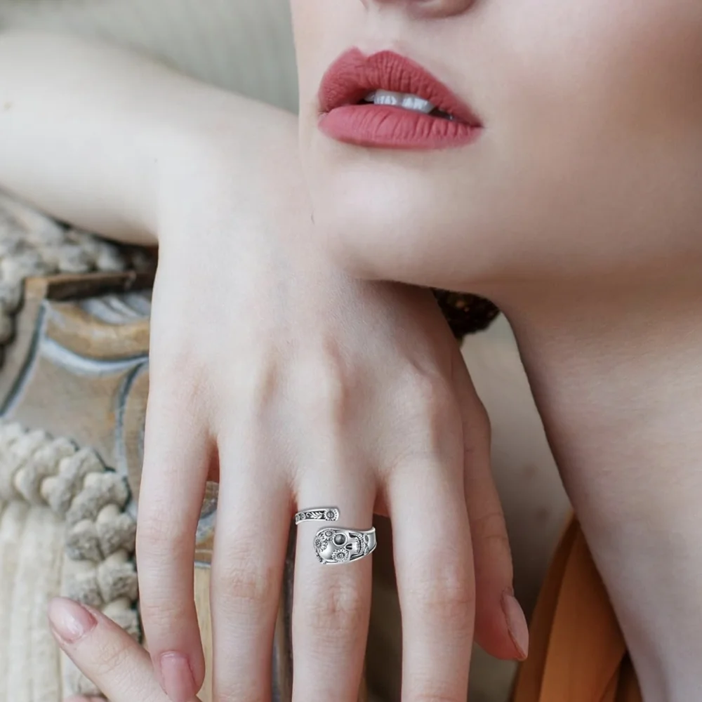 Silver Skull Spoon Ring with Floral Detail - Adjustable - Picture 6 of 6